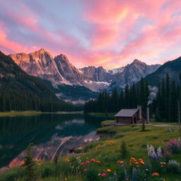 A majestic mountain landscape during sunrise, with vibrant colors of pink, orange, and purple painting the sky