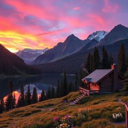 A majestic mountain landscape during sunrise, with vibrant colors of pink, orange, and purple painting the sky