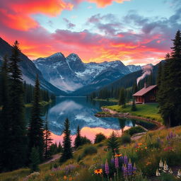 A majestic mountain landscape during sunrise, with vibrant colors of pink, orange, and purple painting the sky