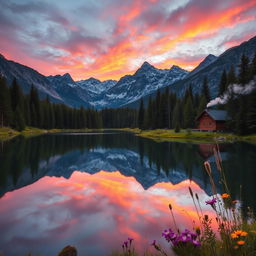 A majestic mountain landscape during sunrise, with vibrant colors of pink, orange, and purple painting the sky