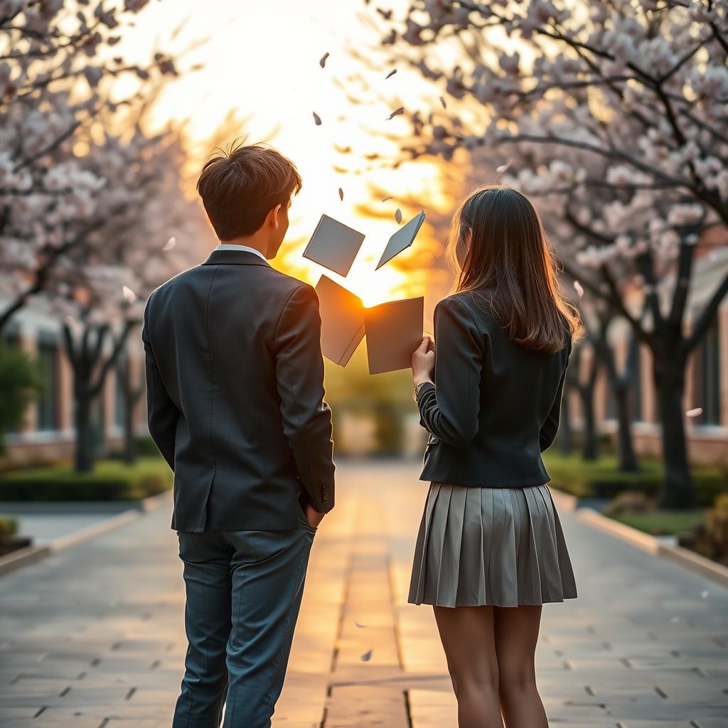 A back view of a male high school student and a female high school student, both young adults, standing apart