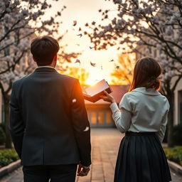 A back view of a male high school student and a female high school student, both young adults, standing apart