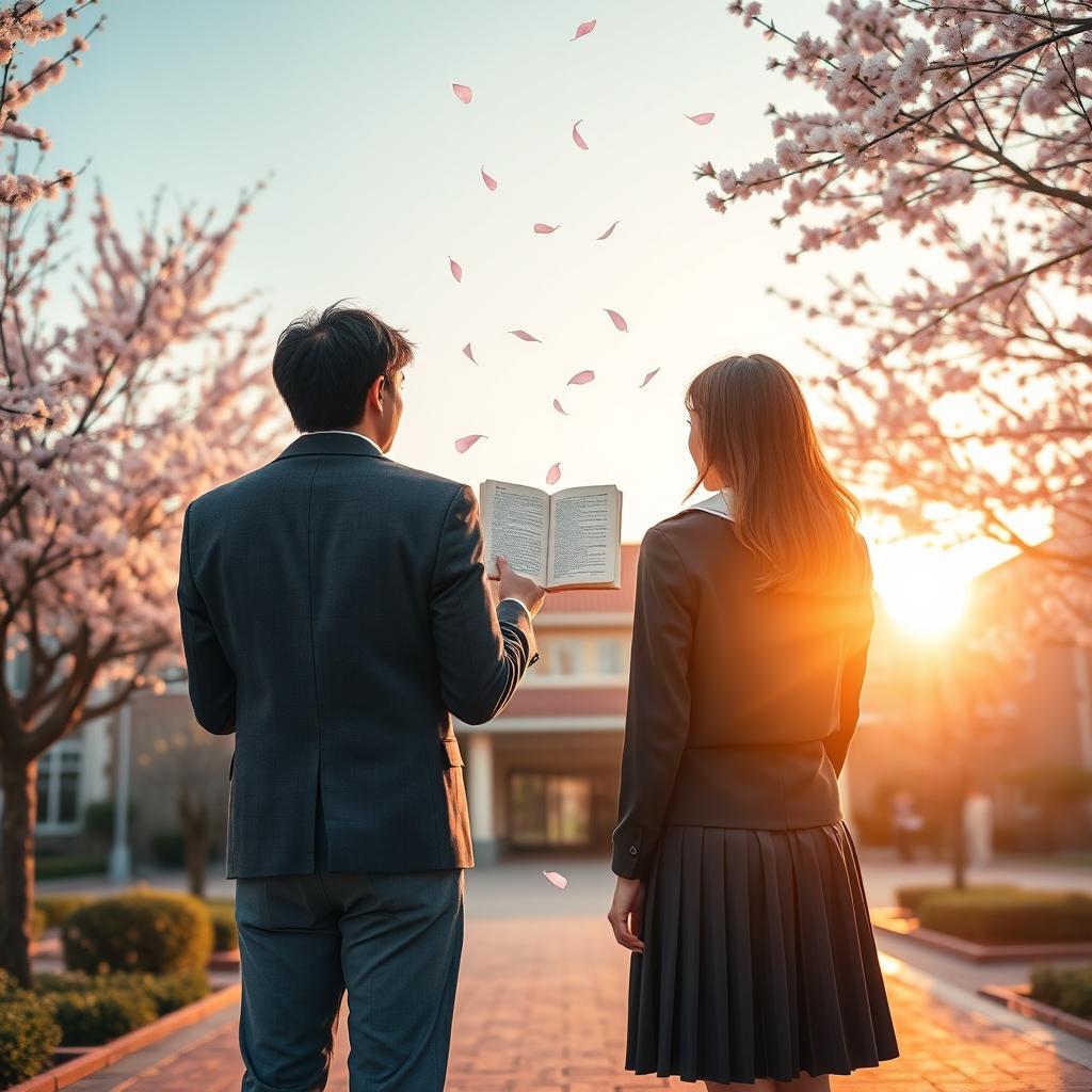 A back view of a male high school student and a female high school student, both young adults, standing apart