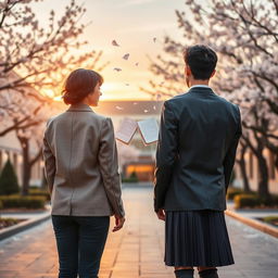 A back view of a male high school student and a female high school student, both young adults, standing apart