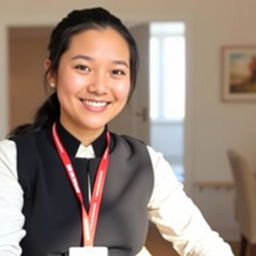 A professional young woman sitting in a well-lit room, wearing a formal black vest and a white shirt with a lanyard