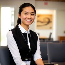 A professional young woman sitting in a well-lit room, wearing a formal black vest and a white shirt with a lanyard