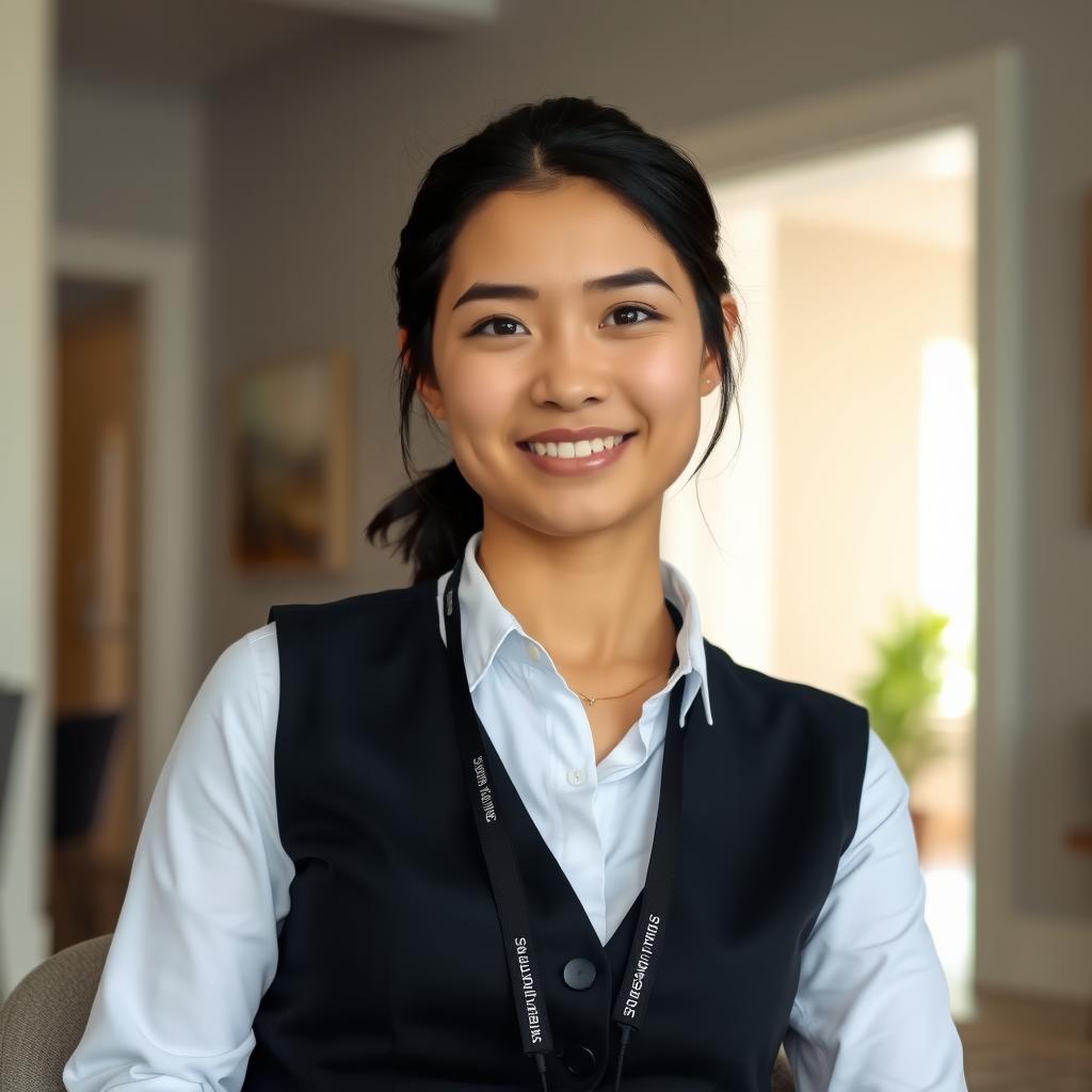 A professional young woman sitting in a well-lit room, wearing a formal black vest and a white shirt with a lanyard