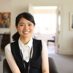 A professional young woman sitting in a well-lit room, wearing a formal black vest and a white shirt with a lanyard