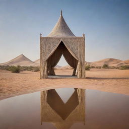 In the heart of the desert, an immaculate mirror stands, reflecting an intricate Arabian tent. In stark contrast, the mirror's edges capture the modern, towering buildings in the background.