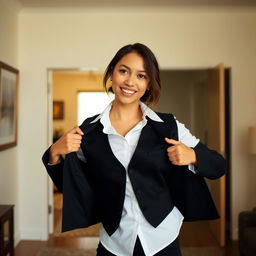 A young woman playfully posing as if opening her formal black vest over a white shirt, in a well-lit room