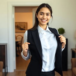 A young woman playfully posing as if opening her formal black vest over a white shirt, in a well-lit room