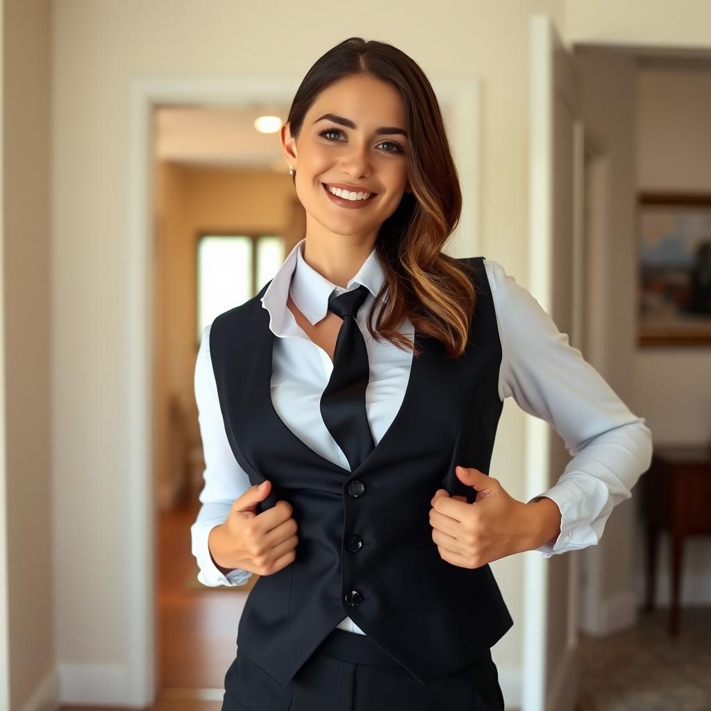 A young woman playfully posing as if opening her formal black vest over a white shirt, in a well-lit room