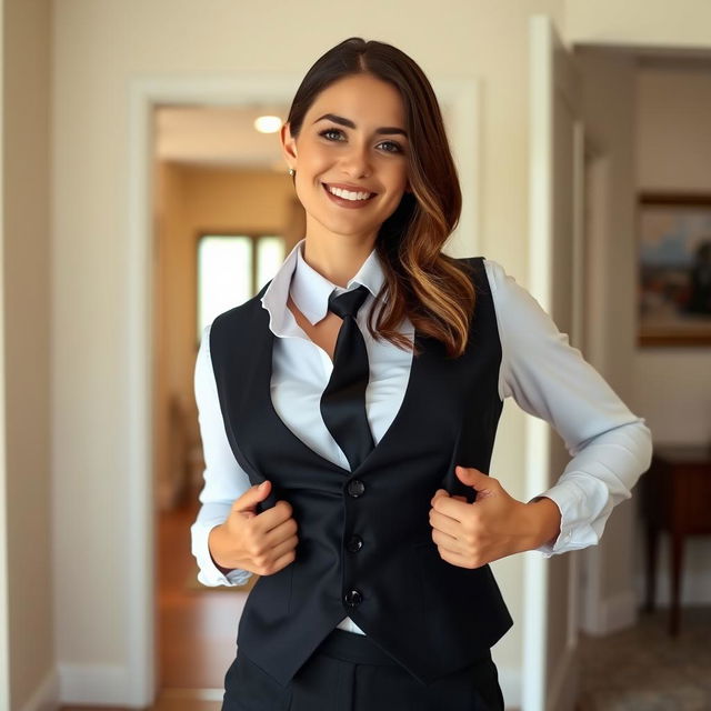 A young woman playfully posing as if opening her formal black vest over a white shirt, in a well-lit room