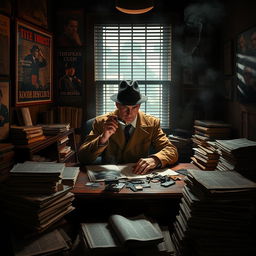 A vintage detective sitting in a dimly lit, smoke-filled office, surrounded by mystery novels and stacks of old newspapers