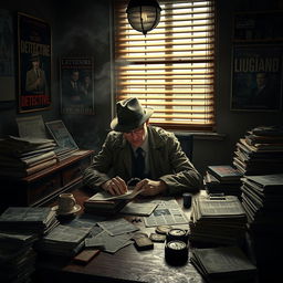 A vintage detective sitting in a dimly lit, smoke-filled office, surrounded by mystery novels and stacks of old newspapers