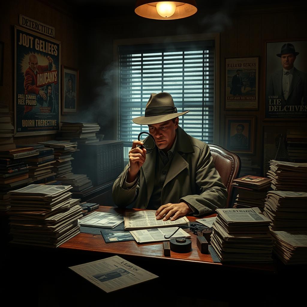 A vintage detective sitting in a dimly lit, smoke-filled office, surrounded by mystery novels and stacks of old newspapers