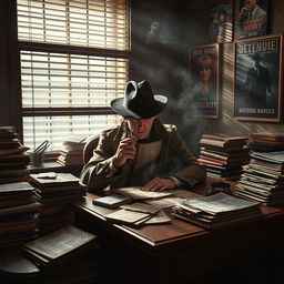 A vintage detective sitting in a dimly lit, smoke-filled office, surrounded by mystery novels and stacks of old newspapers