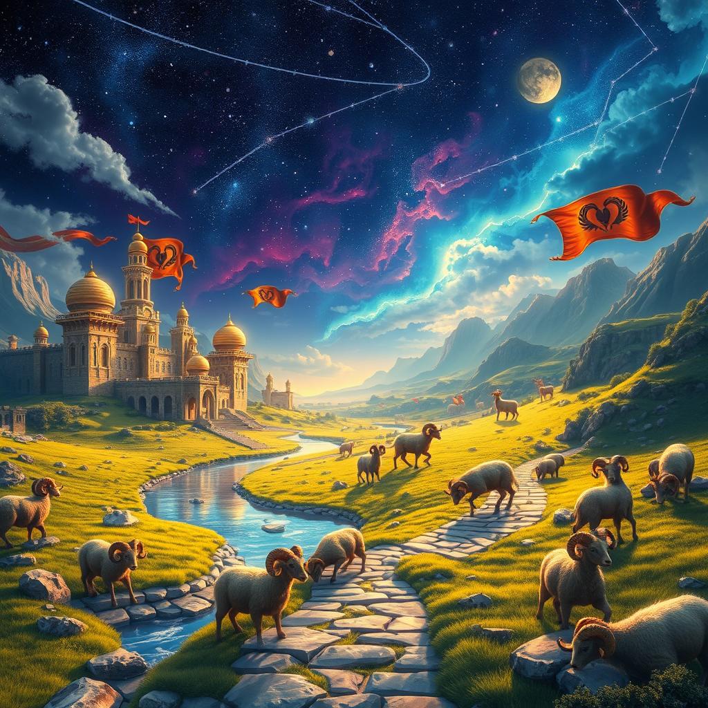 Majestic kingdom of Aries, an ancient realm filled with gleaming marble palaces, towering fortresses, and lush, verdant fields under a vibrant, starlit sky