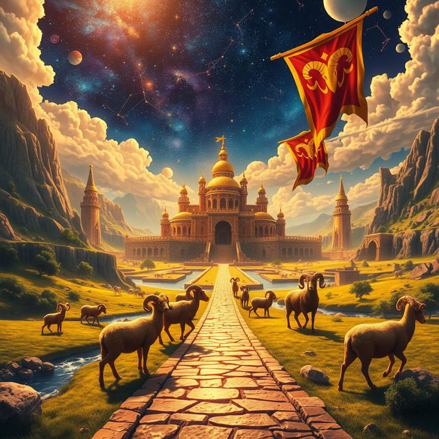 Majestic kingdom of Aries, an ancient realm filled with gleaming marble palaces, towering fortresses, and lush, verdant fields under a vibrant, starlit sky