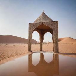 In the heart of the desert, an immaculate mirror stands, reflecting an intricate Arabian tent. In stark contrast, the mirror's edges capture the modern, towering buildings in the background.