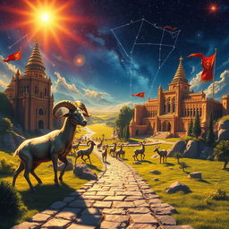 Majestic kingdom of Aries, an ancient realm filled with gleaming marble palaces, towering fortresses, and lush, verdant fields under a vibrant, starlit sky