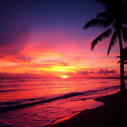 A beautiful sunset over a tranquil beach, the sun glowing as it touches the horizon, casting vibrant hues of orange, pink, and purple across the sky, gentle waves lapping at the shore, a silhouette of a lone palm tree on the right side of the scene adding to the peaceful ambiance