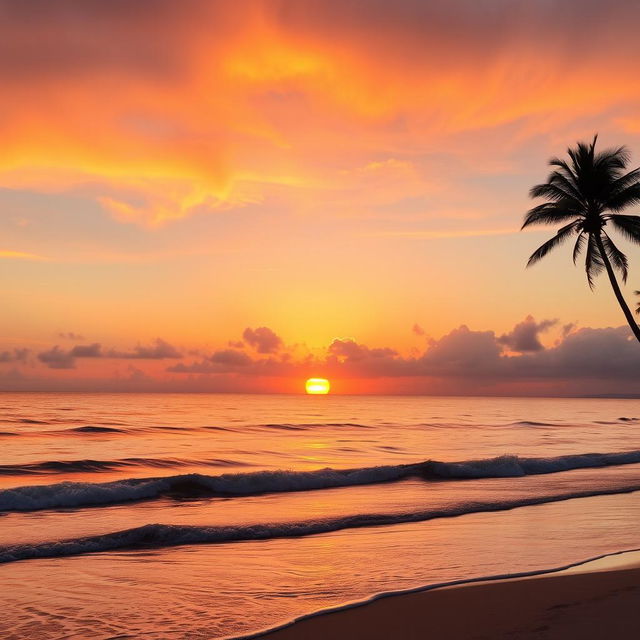 A beautiful sunset over a tranquil beach, the sun glowing as it touches the horizon, casting vibrant hues of orange, pink, and purple across the sky, gentle waves lapping at the shore, a silhouette of a lone palm tree on the right side of the scene adding to the peaceful ambiance