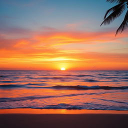 A beautiful sunset over a tranquil beach, the sun glowing as it touches the horizon, casting vibrant hues of orange, pink, and purple across the sky, gentle waves lapping at the shore, a silhouette of a lone palm tree on the right side of the scene adding to the peaceful ambiance