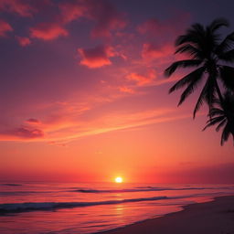 A beautiful sunset over a tranquil beach, the sun glowing as it touches the horizon, casting vibrant hues of orange, pink, and purple across the sky, gentle waves lapping at the shore, a silhouette of a lone palm tree on the right side of the scene adding to the peaceful ambiance