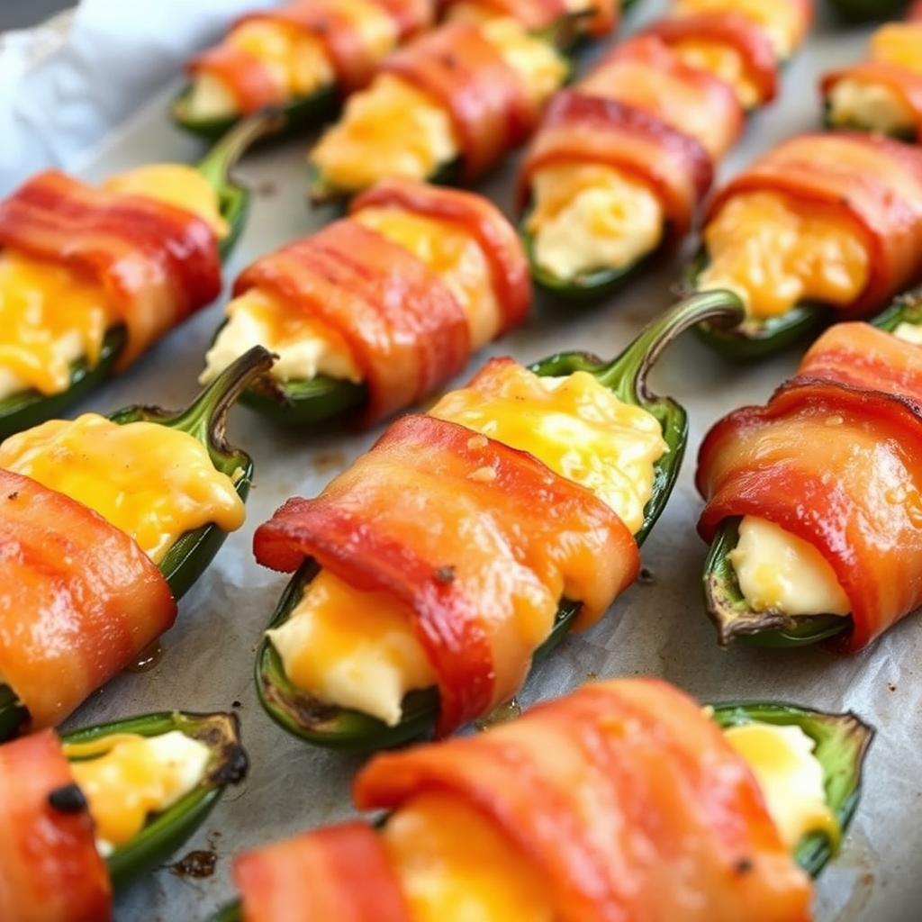 A close-up image of deliciously cheesy baked jalapeno poppers wrapped in crispy bacon, with a golden-brown crust from broiling