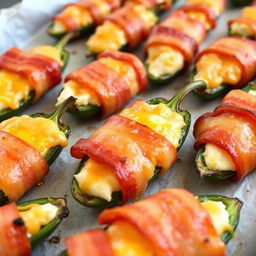 A close-up image of deliciously cheesy baked jalapeno poppers wrapped in crispy bacon, with a golden-brown crust from broiling