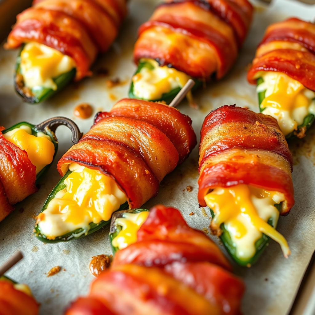 A close-up image of deliciously cheesy baked jalapeno poppers wrapped in crispy bacon, with a golden-brown crust from broiling