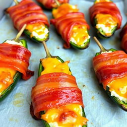 A close-up image of deliciously cheesy baked jalapeno poppers wrapped in crispy bacon, with a golden-brown crust from broiling