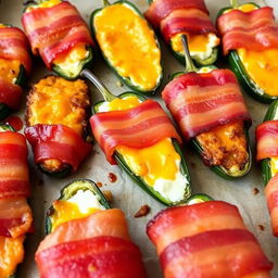 A close-up image of deliciously cheesy baked jalapeno poppers wrapped in crispy bacon, with a golden-brown crust from broiling