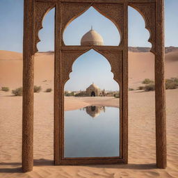 In the heart of the desert, an immaculate mirror stands, reflecting an intricate Arabian tent. In stark contrast, the mirror's edges capture the modern, towering buildings in the background.