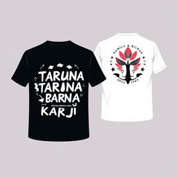 Front and back T-shirt design featuring the name "Karang Taruna Bina Karya Beji" with the theme "Pemuda Berkarya Desa Sejahtera"