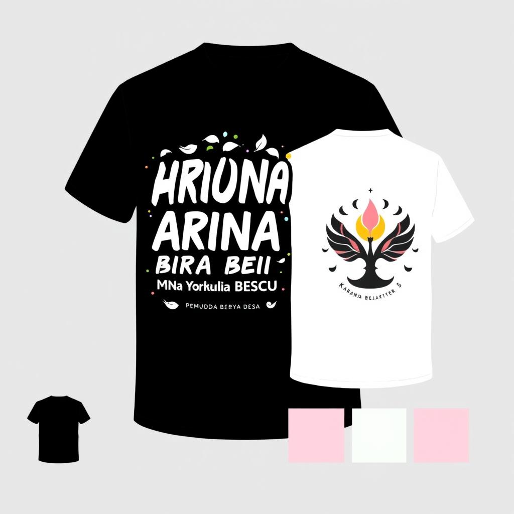 Front and back T-shirt design featuring the name "Karang Taruna Bina Karya Beji" with the theme "Pemuda Berkarya Desa Sejahtera"