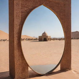 In the heart of the desert, an immaculate mirror stands, reflecting an intricate Arabian tent. In stark contrast, the mirror's edges capture the modern, towering buildings in the background.