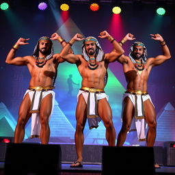 A scene featuring good-looking and well-built Egyptian male strippers, showcasing their athletic and muscular physiques wearing traditional Egyptian attire mixed with modern elements, performing on a stage with an ancient Egypt-themed backdrop, pyramids and hieroglyphs subtly incorporated into the design