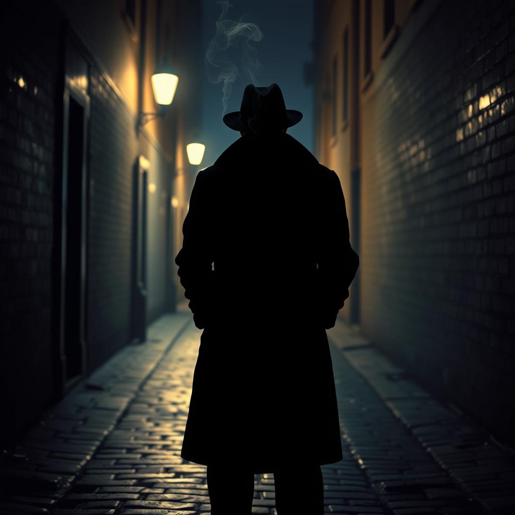 A mysterious figure standing in a dimly lit alleyway, their silhouette partially obscured by the shadows cast by the soft glow of street lamps