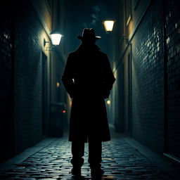 A mysterious figure standing in a dimly lit alleyway, their silhouette partially obscured by the shadows cast by the soft glow of street lamps