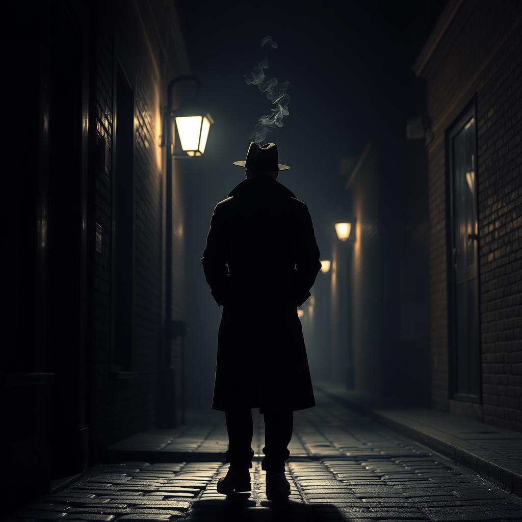 A mysterious figure standing in a dimly lit alleyway, their silhouette partially obscured by the shadows cast by the soft glow of street lamps