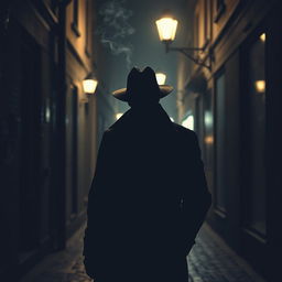 A mysterious figure standing in a dimly lit alleyway, their silhouette partially obscured by the shadows cast by the soft glow of street lamps