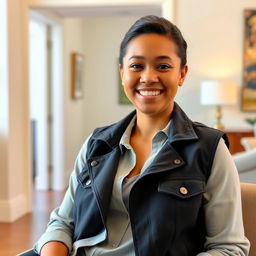 A confident young woman sitting in a well-lit room, wearing a stylish open vest over a casual shirt, smiling warmly