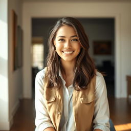 A confident young woman sitting in a well-lit room, wearing a stylish open vest over a casual shirt, smiling warmly