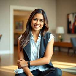 A confident young woman sitting in a well-lit room, wearing a stylish open vest over a casual shirt, smiling warmly