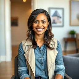 A confident young woman sitting in a well-lit room, wearing a stylish open vest over a casual shirt, smiling warmly