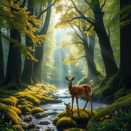 An enchanted forest with towering ancient trees, their leaves a vibrant mix of emerald and gold, basking in the light of the early morning sun