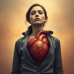 A surreal composition featuring a young woman with her shirt open to reveal a beating heart, artistically designed to blend human elements with anatomical detail