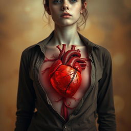 A surreal composition featuring a young woman with her shirt open to reveal a beating heart, artistically designed to blend human elements with anatomical detail